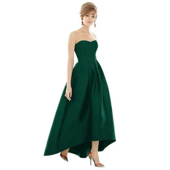 Alfred Sung Hunter Green Strapless High/Low Ballgown D699S - Picture 1 of 2